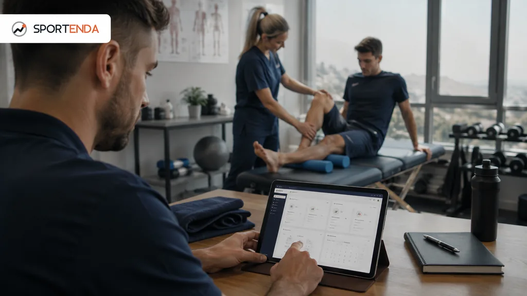 Immagine generata con IA: Fisioterapista segue un atleta durante la riabilitazione mentre un collega consulta la dashboard su tablet