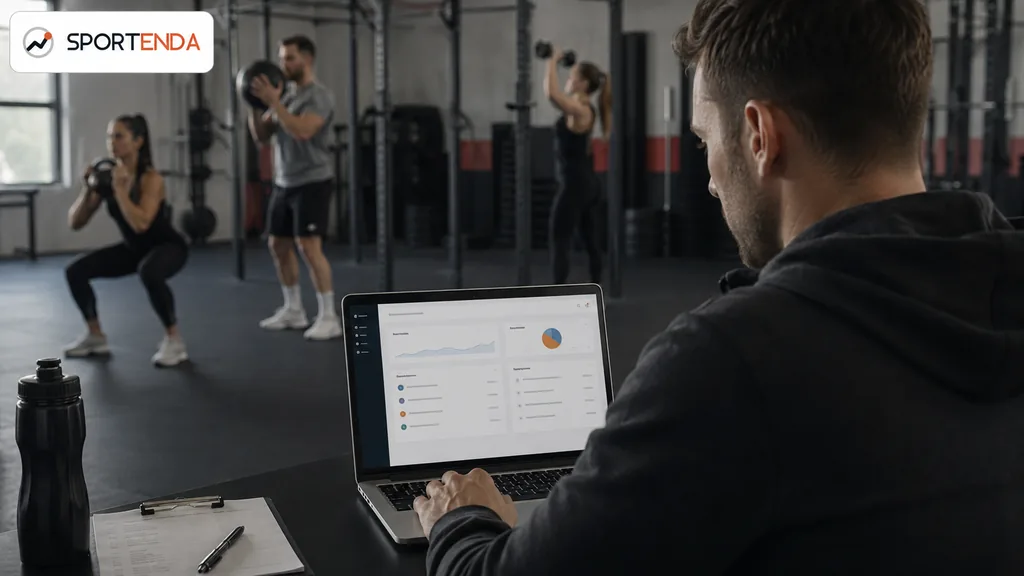 Immagine generata con IA: Preparatore atletico controlla la dashboard dei carichi su laptop mentre gli atleti si allenano in sala pesi